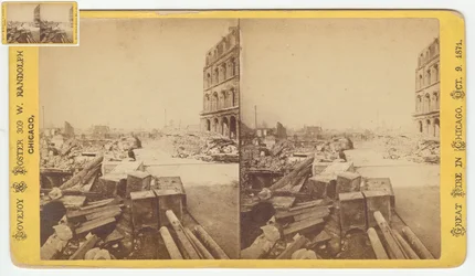 Stereograph von Safes, die nach dem Chicago-Feuer von 1871 aus den Ruinen der Dearborn Street geborgen wurden, 1871