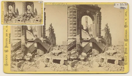 Stereograph des Bryan Block an der nordwestlichen Ecke der Monroe und LaSalle Streets nach dem Chicago-Feuer von 1871, 1871