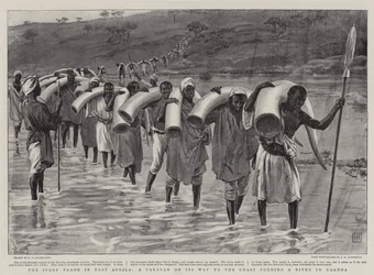 Der Elfenbeinhandel in Ostafrika, eine Karawane auf dem Weg zur Küste, die einen Fluss in Uganda durchquert
