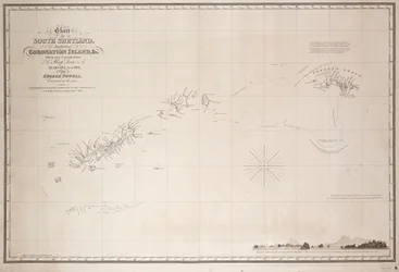 Karte von Süd-Shetland einschließlich Coronation Island, aus der Erkundung der Schaluppe Dove in den Jahren 1821 und 1822 durch George Powell