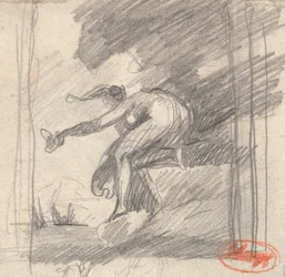 Weibliche Figur, kniend auf einem Vorgebirge, winkend
