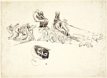 Studien eines Wagens mit zwei Figuren innen, andere Figuren dahinter
