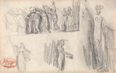 Frauen und Kinder auf der Flucht und drei Skizzen einer stehenden weiblichen Figur