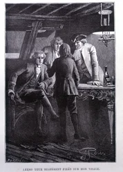 Geschichtsszene auf dem Schiffplatz: junger Jim Hawkins vor Dr. Livesey und dem Chevalier Trelawnay - in Stevensons „Die Schatzinsel“