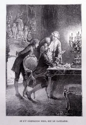 Junger Jim Hawkins, Chevalier Trelawnay und Doktor Livesey versöhnen sich in einem Wohnzimmer - in Die Schatzinsel von Stevenson, illustriert von George Roux, ed. Hetzel