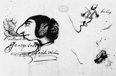 George Sand rauchend (1804-76) karikiert von ihr selbst