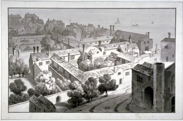 Vogelperspektive auf den Palast des Bischofs von Winchester, Southwark, London, ca. 1820