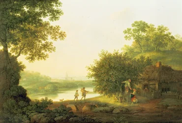 Apfelpflücker bei einem Cottage in einer bewaldeten Landschaft mit Chichester im Hintergrund