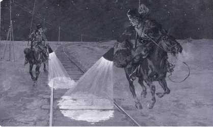 Auf einer mandschurischen Eisenbahn: Nachtpatrouille, Illustration aus Cassells Geschichte des Russisch-Japanischen Krieges Band 1, ca. 1900