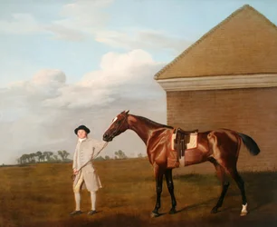 Firetail mit seinem Trainer am Rubbing-Down House auf Newmarket Heath. 1774 im Besitz von Thomas Foley, Esquire