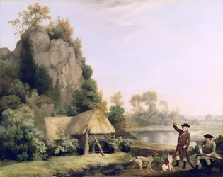Zwei Herren beim Schießen, mit Blick auf Creswell Crags, vor Ort aufgenommen