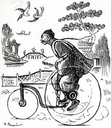 Karikatur eines chinesischen Mannes, der ein Dreirad durch einen Park in China fährt. Illustriert von George du Maurier (1834-1896), einem französisch-britischen Karikaturisten und Autor