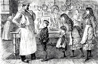 Eine Karikatur, die einen Koch zeigt, der die Bestellungen der Kinder des Hauses entgegennimmt. Illustriert von George du Maurier (1834-1896), einem franco-britischen Karikaturisten und Autor