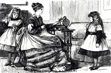 Eine Karikatur, die eine junge Mutter zeigt, die eine Nähmaschine benutzt. Illustriert von George du Maurier (1834-1896), einem franco-britischen Karikaturisten und Autor