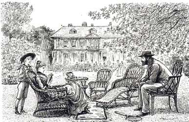 Eine Gravur, die typische Korbmöbel darstellt. Illustriert von George du Maurier