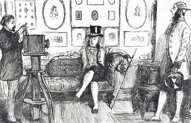 Karikatur, die den Unkomfort kommentiert, den man beim Fotografieren erleidet: Aufgrund der langen Belichtungszeit, die für frühe Prozesse erforderlich war, musste das Motiv lange Zeit eine Pose halten, und es wurden geniale Vorrichtungen entwickelt, um di