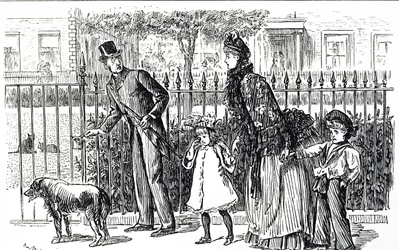 Karikatur, die eine Familie zeigt, die durch die Straßen des viktorianischen Londons geht