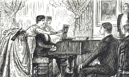 Karikatur, die einen musikalischen Abend zu Hause darstellt