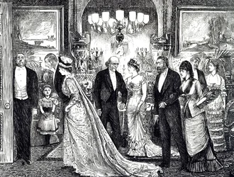 Karikatur, die eine elegante Soirée in einem viktorianischen Haus zeigt