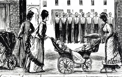 Karikatur, die Kindermädchen zeigt, die ihre Kinderwagen an den Kasernen vorbeischieben