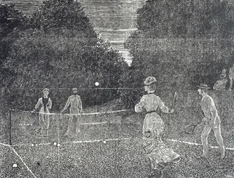 Gravur, die die Verwendung von weißer Phosphorfarbe empfiehlt, die Tennisspielern empfohlen wird