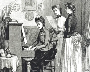 Gravur von jungen Damen, die im Salon singen
