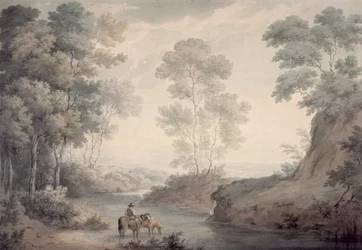 Landschaft mit Fluss und Pferden beim Tränken
