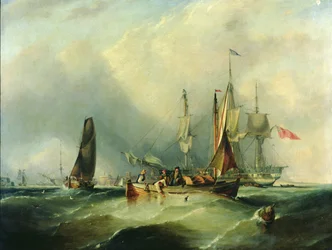 Ein Kriegsschiff und Fischerboote vor Southsea