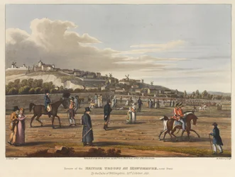 Parade der britischen Truppen bei Montmatre [sic], nahe Paris, durch den Herzog von Wellington, 21. Oktober 1815, gestochen von M. Dubourg, 1819 (farbige Aquatinta)
