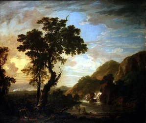 Waldflusslandschaft mit Figuren im Vordergrund und Wasserfall im Hintergrund