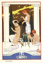 Eine Sklavin gießt duftendes Öl auf das Haar ihrer Herrin, altes Rom 1928