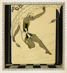 „Cleopatra“. Tänzerin aus Anton Arenskys Inszenierung von 1909, die ein kurzes, in der Taille gebundenes weißes, grünes und schwarzes Kostüm, grüne Schuhe und einen weiß gemusterten Hut trägt.