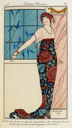 Großes Abendkleid, Mieder aus hautfarbener Musselin, Tunika aus bestickter Seide im Stil der „Compagnie des Indes“. Costumes Parisiens Nr. 69. Frau trägt ein Abendkleid mit einem Mieder aus Chiffon und einer bestickten Seidentunika. Sie trägt auch einen ro