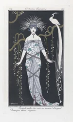 Großes Abendkleid aus Silberbrokat. Blaue Perücke, Federn, aus Costumes Parisiens, veröffentlicht 1914