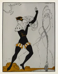 „Armidas Pavillon“. Eine Szene aus dem 1909 von Nikolai Tscherepnin komponierten Ballett „Armidas Pavillon“. Der Tänzer trägt ein schwarzes Kostüm mit goldenen Besätzen und einen passenden Hut mit einer großen Feder. Er befindet sich an einem