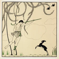 "Narcisse". Szene aus Narcisse, einem klassischen Ballett in einem Akt. Narcisse wurde 1911 in Monte Carlo uraufgeführt. Der Junge tanzt in der Luft und trägt einen Hirtenstab, ein Lamm steht auf seinen Hinterbeinen.