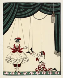 Szene aus Petroushka, einem Ballett mit Musik des russischen Komponisten Strawinsky. Zwei Puppen auf der Bühne, die an Fäden gehalten werden. Der Junge kniet und streckt sich nach dem Mädchen aus. Beide tragen passende rot-weiße gemusterte Outfits