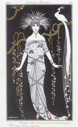 Silberbrokat-Abendkleid und Perücke - Illustration von George Barbier (1882-1932) in „Journal des dames et des modes: Costumes Parisiens“
