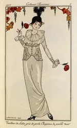 "Kostüm aus perlgrauem Satin. Schwarzer Strohhut". Costumes Parisiens Nr. 8. Die Frau trägt ein Kleid aus perlgrauem Satin und einen schwarzen Strohhut mit einer Feder. In jeder Hand hält sie eine Rose.