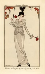 Frau in perlgrauem Anzug und schwarzem Strohhut. Handkolorierte Pochoir-Radierung nach einer Illustration von Georges Barbier aus Tommaso Antonginis Journal des Dames et des Modes, Aux Bureaux du Jo