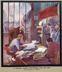 Arbeiterkontrolle in einer sowjetischen Fabrik zur Zeit der Revolution 1917, aus Histoire des Soviets, veröffentlicht 1922