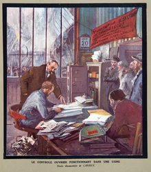 Arbeiterkontrolle in einer sowjetischen Fabrik zur Zeit der Revolution 1917, aus Histoire des Soviets, veröffentlicht 1922