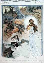 Die kleine Prinzessin steht vor der alten Truhe, Illustration aus einer Kindergeschichte in der Zeitschrift 
