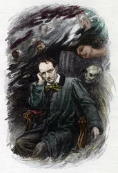 Porträt des französischen Dichters Charles Baudelaire (1827-1861) umgeben von seinen Geistern (Darstellung des französischen romantischen Dichters Charles Baudelaire umgeben von Geistern, Illustration für „Die Blumen des Bösen“) Illustration von Georges An