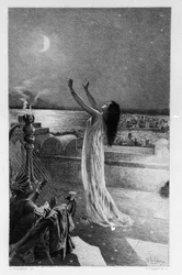 Salammbo, Tochter von Hamilcar Barca (oder Barcas), betet Tanit, Göttin des Mondes. Illustration von Georges Antoine Rochegrosse (1859-1938) für den Roman „Salammbo“ von Gustave Flaubert, der den Söldnerkrieg zur Zeit des Ersten Punischen Krieges als Rahme