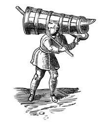 Ein Lehrling, der ein hölzernes Gefäß so groß wie er selbst trägt, auf dem Weg, Wasser zu holen