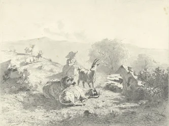 Hirtin mit Ziegen und Schafen in bergiger Landschaft