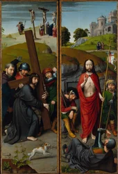 Christus trägt das Kreuz, mit der Kreuzigung; Die Auferstehung, mit den Pilgern von Emmaus, ca. 1510