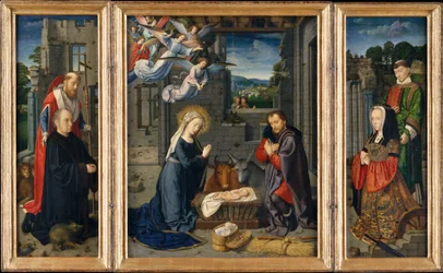 Die Geburt Christi mit Stiftern und den Heiligen Hieronymus und Leonard, um 1510-15