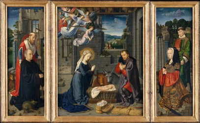 Die Geburt Christi mit Stiftern und den Heiligen Hieronymus und Leonhard, ca. 1510-15